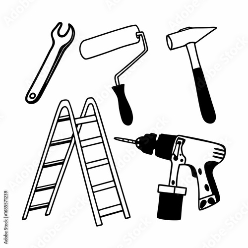 Illustration of various construction tools including wrench, roller, hammer, ladder and drill
