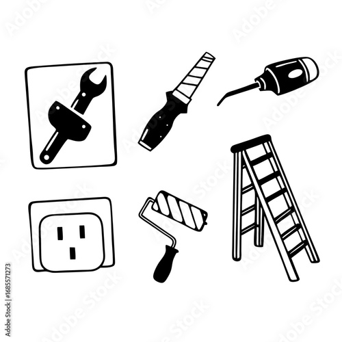 Illustration of home improvement tools, including wrench, file, and ladder