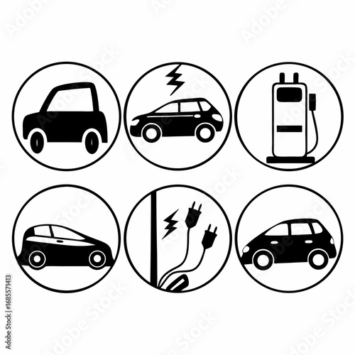 Electric vehicle and charging station icons for eco friendly transportation