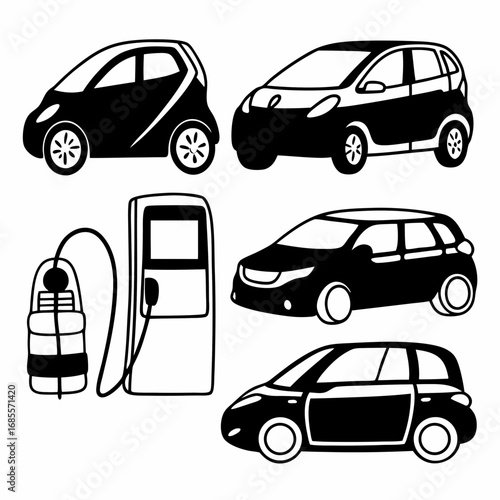 Illustration of electric cars at charging station, representing transportation and energy