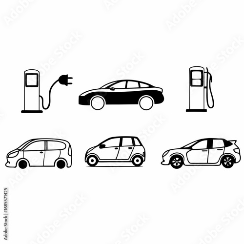 Illustration of electric and gas cars at station, representing transportation and energy