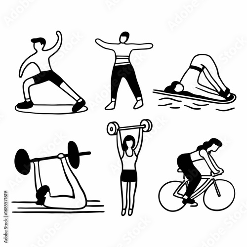 Collection of fitness icons showing various exercises and activities