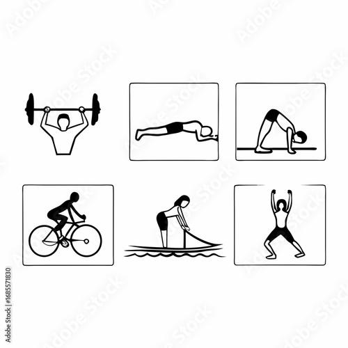 Collection of fitness and exercise icons showing different types of workouts