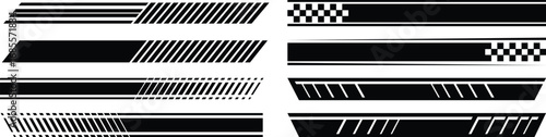 Racing stripes and checkered flags set. Checkered flag, finish line, Racing stripes and finish line, motocross labels, dynamic lines, motorsport, sport decals, vehicle tuning stickers. Vector 