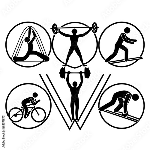 Collection of fitness and exercise icons in circles showing different types of workouts