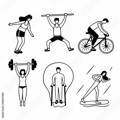Collection of fitness and exercise icons showing different types of workouts