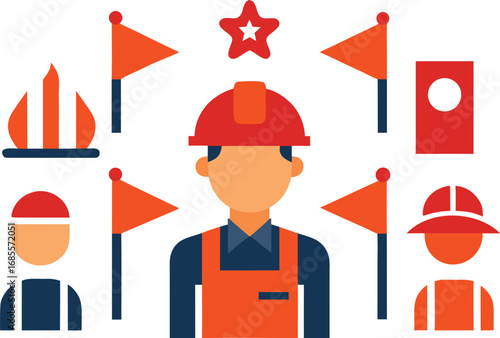 Labor day worker icons collection tools flags featuring construction and firefighter themes vector