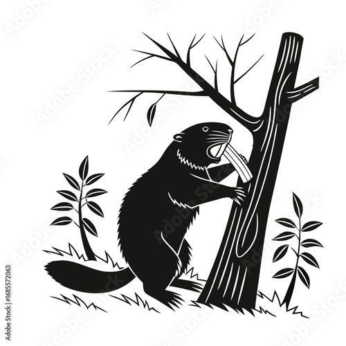 Monochromatic illustration depicting a determined beaver in profile, actively gnawing on a tree trunk, showcasing its industrious nature in a natural forest setting with minimalist design
