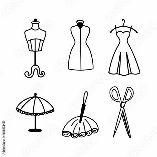 Fashion design elements with mannequin, dress, scissors and umbrella