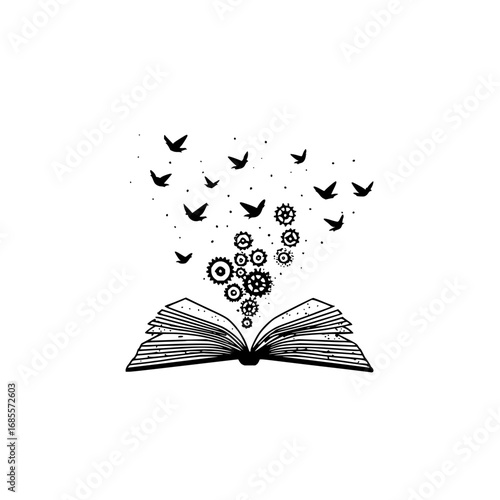 Open book with flying birds and gears vector illustration for knowledge and imagination concept art