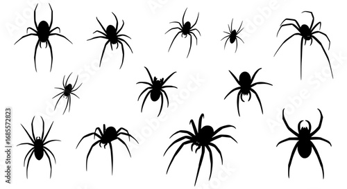 A captivating collection of spiders, depicted in dark silhouettes, presents a striking visual of arachnid diversity and intrigue, perfect for artistic or thematic projects. vector illustration