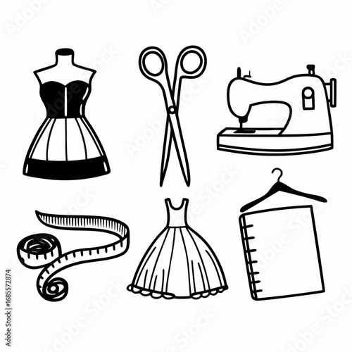 Sewing tools and dressmaking equipment for tailor shop or atelier logo