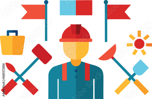 Labor day worker tools flags vector illustration scalable eps icon collection