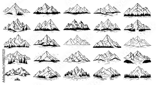 A collection of intricately illustrated mountain designs, each one capturing the essence of rugged peaks and towering landscapes in striking detail. vector illustration