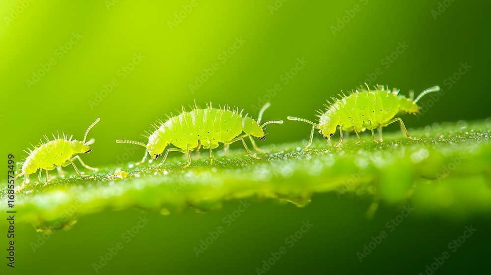Fototapeta premium Tiny green aphids marching in a line on a leaf