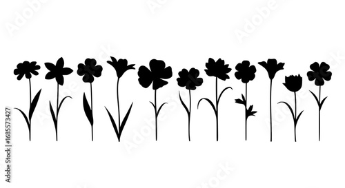 A delicate collection of floral silhouettes creates a captivating visual tapestry. This monochrome artistry embodies the simple elegance of floral imagery. vector illustration