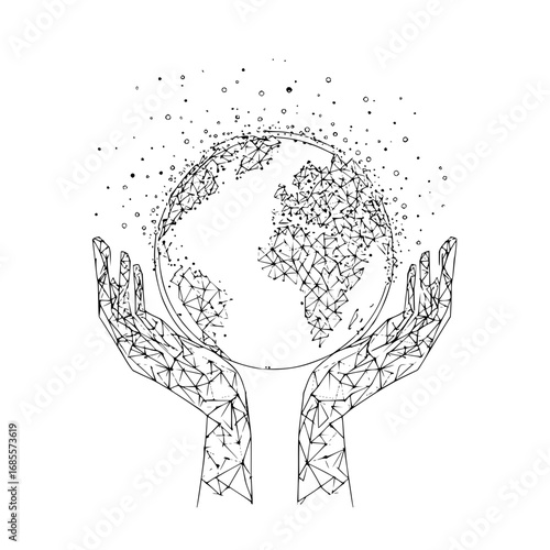 Earth day illustration of hands holding globe with polygon mesh for environment and sustainability concept
