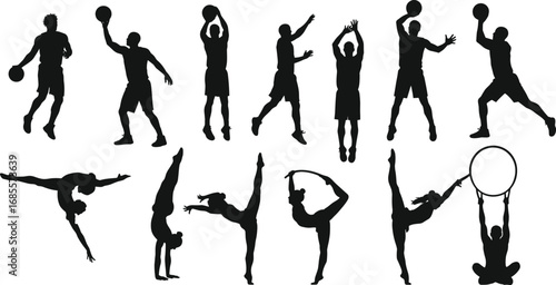 Silhouette vector illustration of basketball players in action poses, gymnasts performing balance stunts, acrobats showing flexibility, fitness training, sports activity, athletic competition