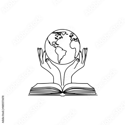 World globe in hands on open book line art vector illustration for education and global learning concept