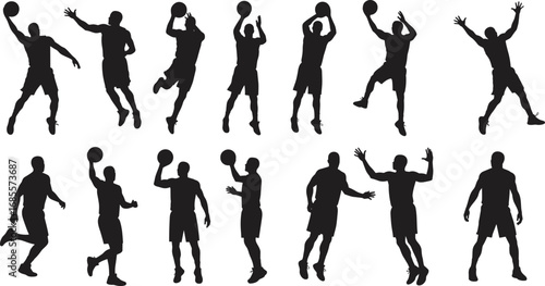 Silhouette vector illustration of basketball players in dynamic action poses, dribbling, jumping, shooting, slam dunk, sports training, fitness, competition, active lifestyle, team play
