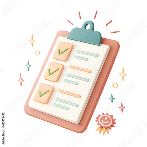 Pastel checklist with checkmarks and stars isolated on a transparent background clipboard soft