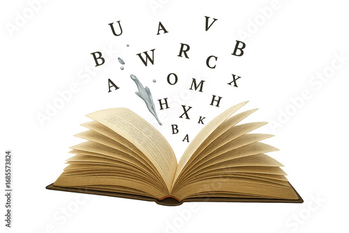 Transparent background open hardcover book, open hardcover book flipping pages transparent, open hardcover book floating letters education mockup, PNG die-cut for advertising.