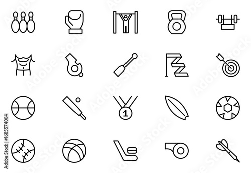 Sports Icons vector illustration with thin line contain medal, football, basketball, cycling, athlete, racket, table tennis, sparing, cardio, gym, weight. Thin outline icons pack. Vector illustration