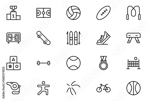 Sports Icons vector illustration with thin line contain medal, football, basketball, cycling, athlete, racket, table tennis, sparing, cardio, gym, weight. Thin outline icons pack. Vector illustration