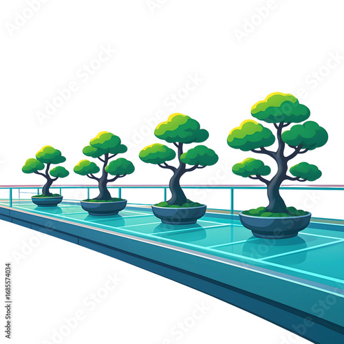 Serene row of miniature bonsai trees in minimalist pots lining a futuristic walkway with a bright white background