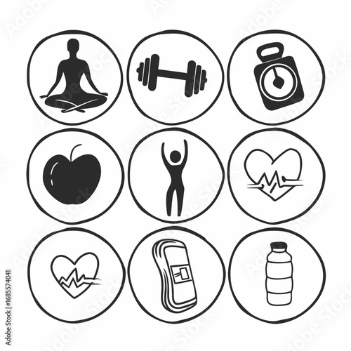 Collection of health and fitness icons hand drawn vector illustration