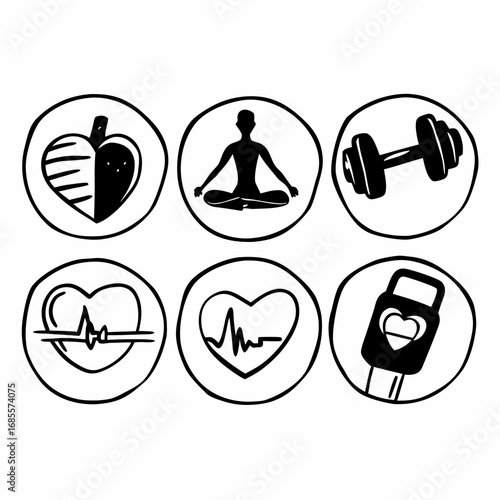 Collection of health and fitness icons hand drawn vector illustration