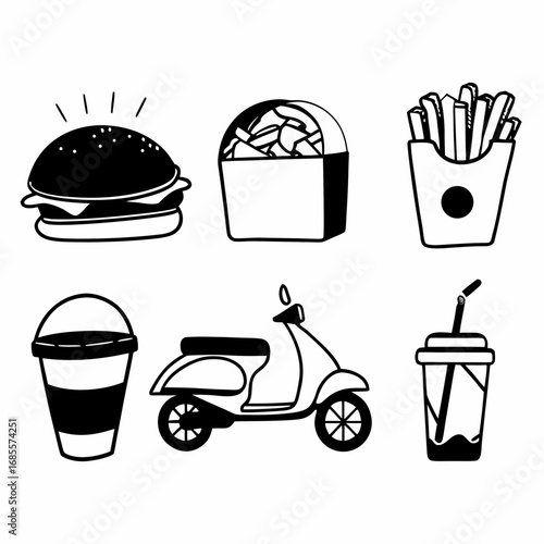 Collection of fast food and delivery icons in black and white