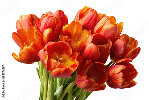 Close-up of a vibrant bouquet of orange-red tulips