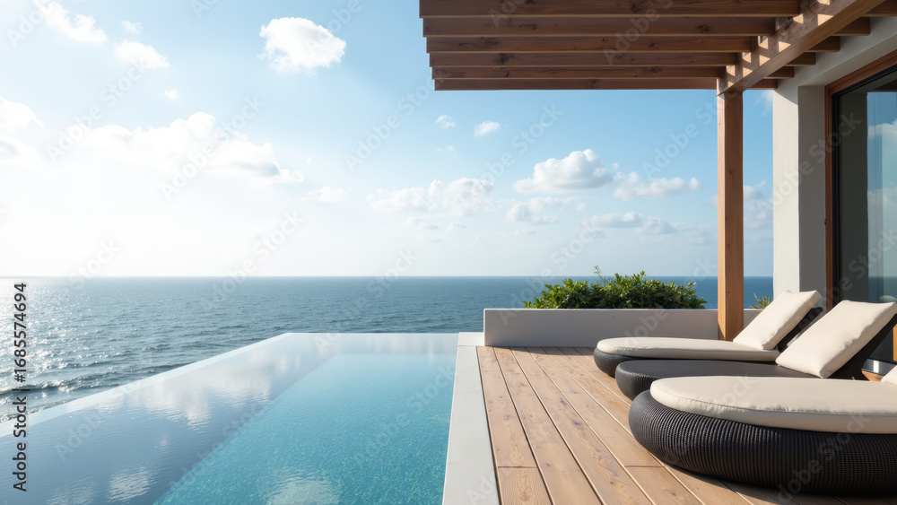 Fototapeta premium Luxurious ocean view with infinity pool, modern architecture, and comfortable lounge chairs create serene atmosphere