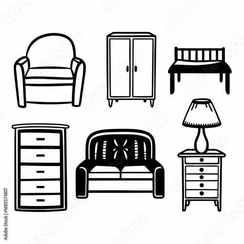 Furniture icons set, including armchair, wardrobe, bench, chest of drawers, sofa and table lamp