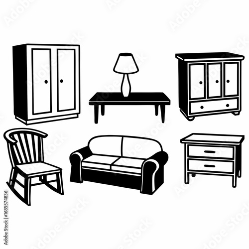 Furniture set with sofa, wardrobe, table, chair, lamp, and nightstand