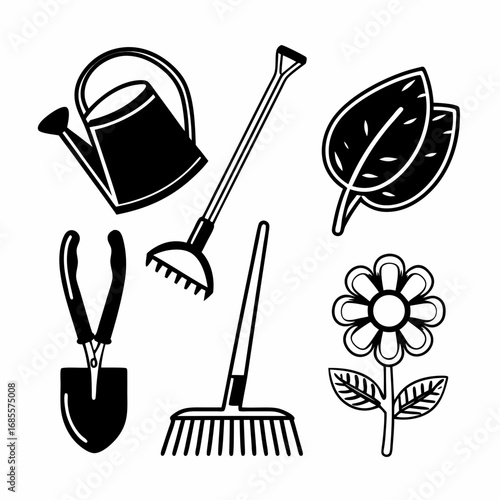 Black and white vector illustration of gardening tools, including watering can