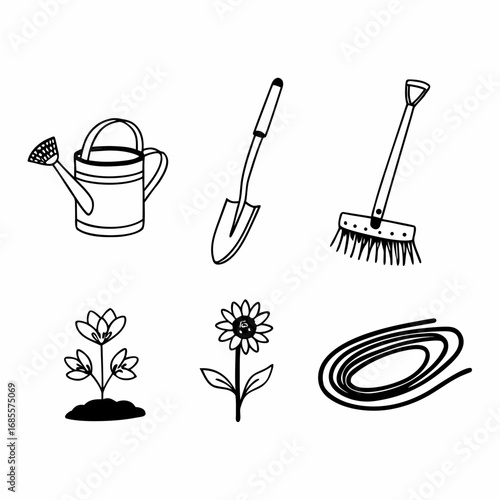 Illustration of gardening tools and plants, including watering can, shovel, broom, and flowers