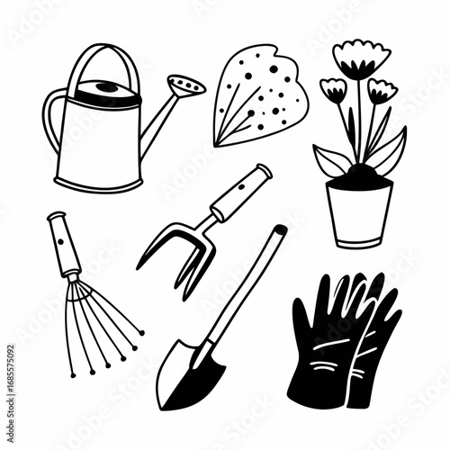 Illustration of gardening tools and plants, including watering can, gloves, shovel, rake
