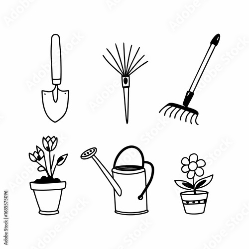 Illustration of gardening tools and potted plants, including shovel, rake, watering can