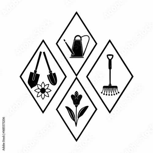 Collection of gardening tools in diamond shapes, including watering can and shovel