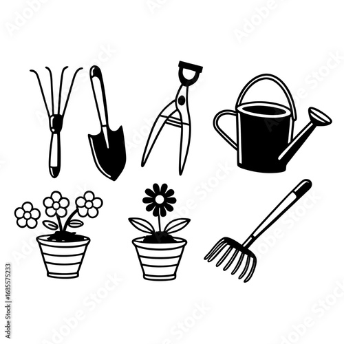 Gardening tools and flowers in pots for your creative projects