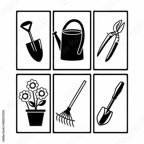 Collection of gardening tools and flowers in pots for your projects