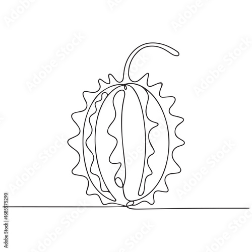 Continuous line of Horned Melon  .Single one line art of Horned Melon , One continuous line illustration of an Horned Melon  isolated on white background.