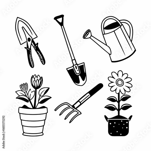 Gardening tools and flower pots in a hand drawn style illustration