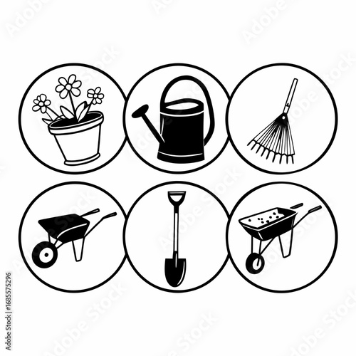 Gardening tools and flowers in pots for your creative projects