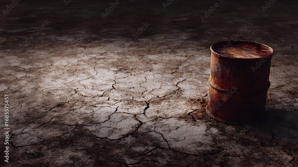 Fototapeta premium A rusty industrial barrel stands on dry cracked earth under dim lighting symbolizing environmental degradation and resource challenges