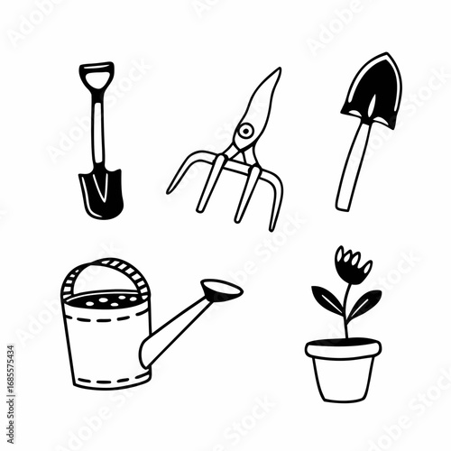 Hand drawn gardening tools, featuring shovel, shears, watering can, and flower pot