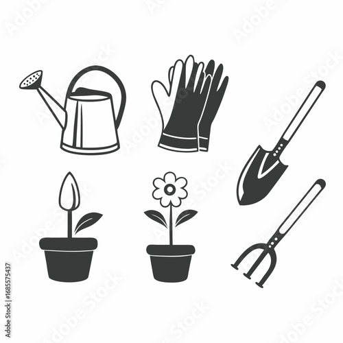 Hand drawn gardening tools set, including watering can, shovel, rake, and flower pot