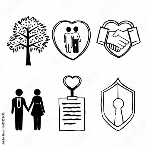 Family values and relationships concept with tree, couple, handshake, and shield